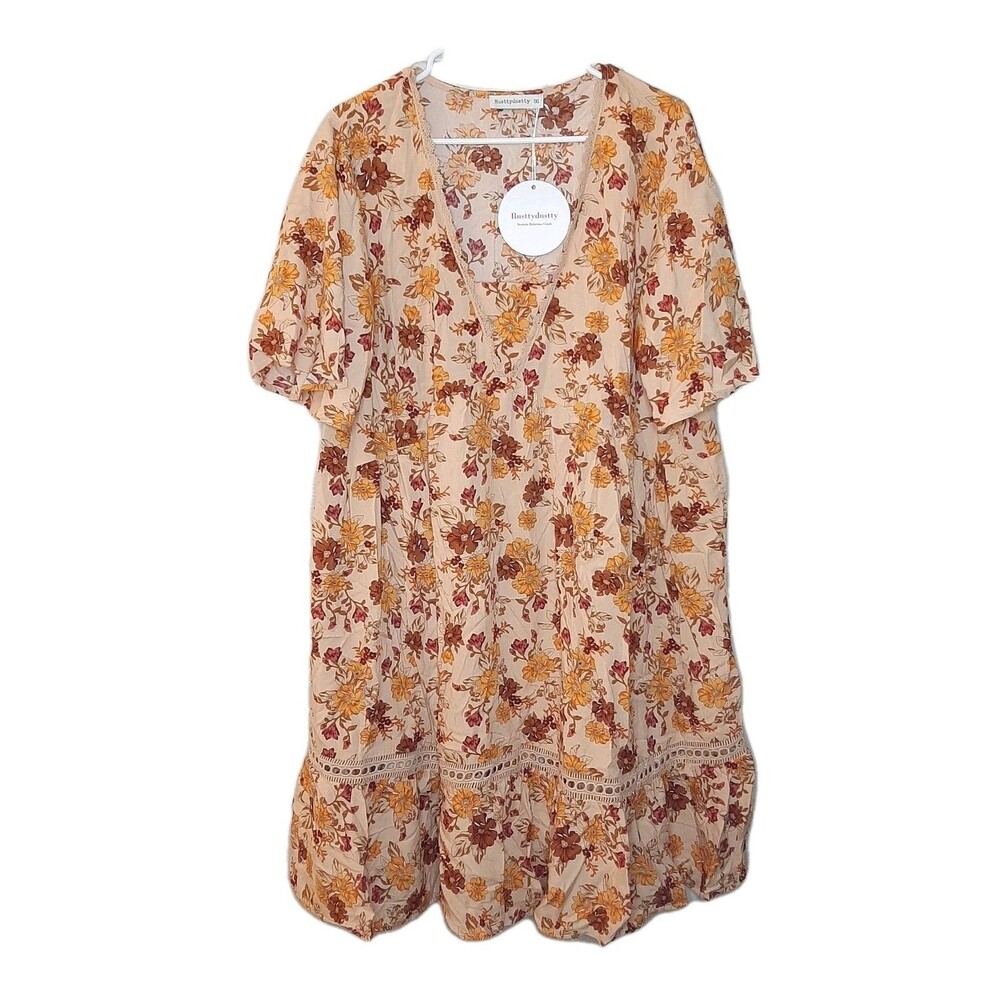 NEW Rusttydustty Dress Orange Women Size Plus 1XL Bohemia Crush Floral - Picture 2 of 11